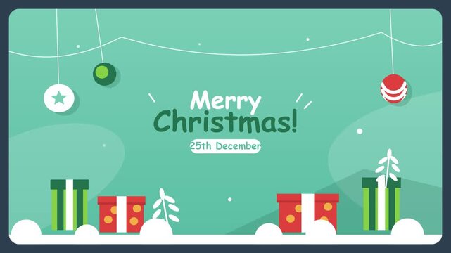 Flat design 2D animated Merry Christmas greeting with gift boxes and ornaments 4K 60fps video fit for digital holiday cards, retail store displays, and social media marketing promos