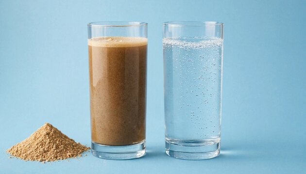 A heap of brown maca or protein powder next to a glass of mixed beverage and a glass of sparkling water on a blue background