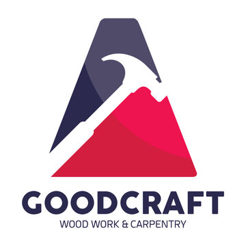 Professional carpentry and woodworking logo design with a hammer icon and geometric emblem for construction and home renovation services