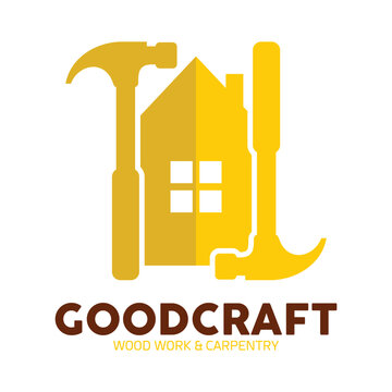 Creative carpentry and woodworking logo vector featuring tools and house symbol for professional craftsman