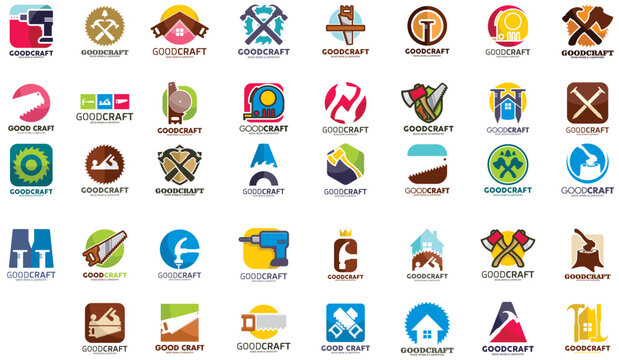 Collection of colorful carpentry and woodworking tool icons for construction and home repair services including saws hammers drills and axes symbols