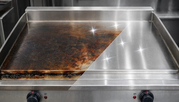 A comparison showing a dirty commercial kitchen griddle before and after professional cleaning and sanitation