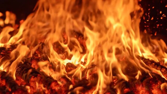 Intense bonfire flames burning wood logs close-up background, for cinematic projects
