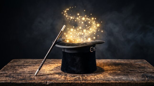 Magic hat with wand, emitting golden sparkling stars and smoke on a wooden table. Concept for illusion and entertainment.