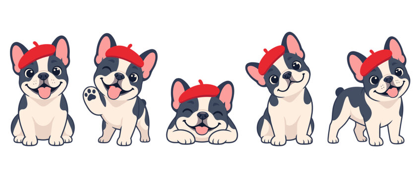 Set of French bulldogs wearing red berets in playful poses