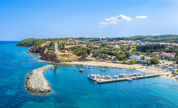 Aerial View of Nea Fokea Harbor and Byzantine Tower, Kassandra, Halkidiki, Greece