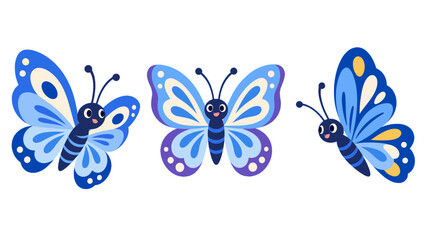 Obraz premium Set of three blue cartoon butterflies with patterned wings
