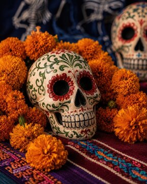 Colorful D&iacute;a de los Muertos sugar skull surrounded by vibrant orange marigolds and traditional Mexican textiles, creating a festive cultural still life celebrating remembrance and heritage.