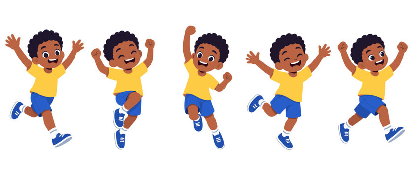 Cartoon boy jumping in five cheerful poses