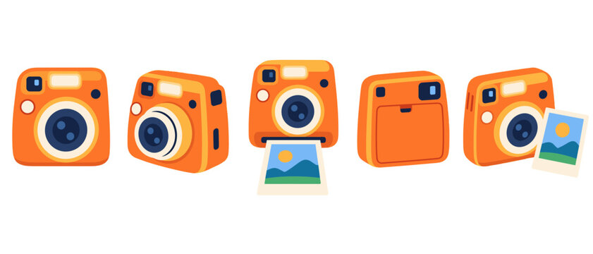 Set of orange instant cameras with photo prints