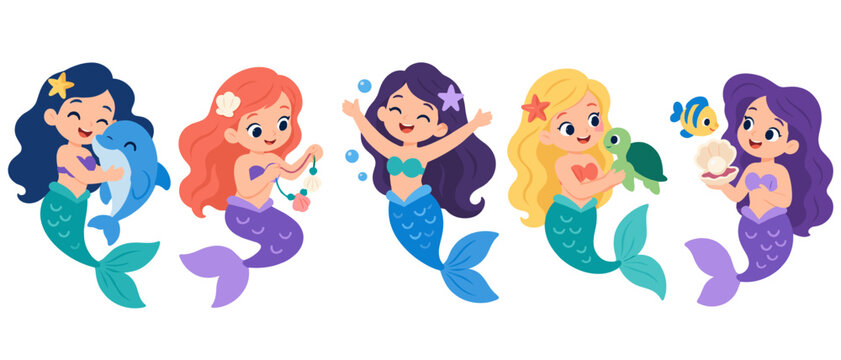 Set of cute mermaid characters with sea creatures