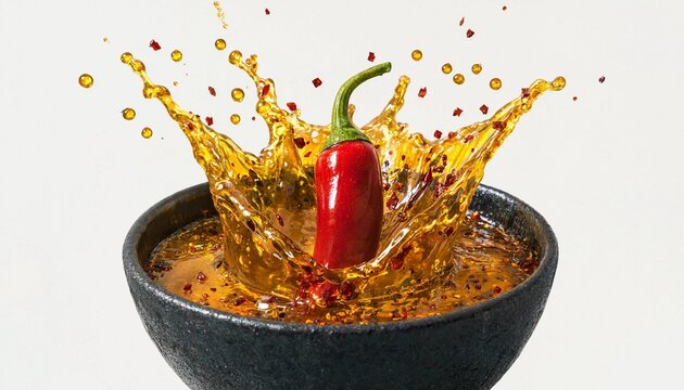 Fresh red chili pepper falling into a bowl of spicy infused oil creating a dynamic splash