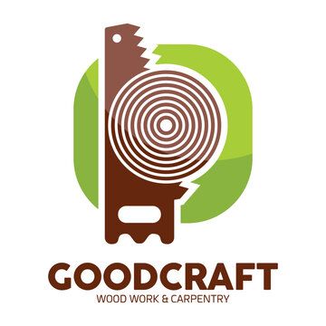 Woodwork and carpentry logo design featuring a hand saw and circular wood timber rings on a green background