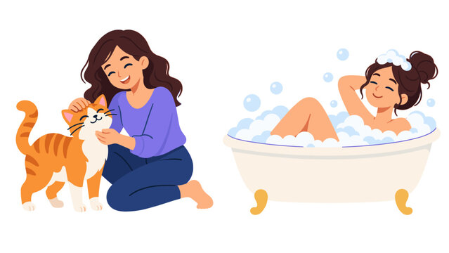 Woman petting a cat beside another woman in a bubble bath