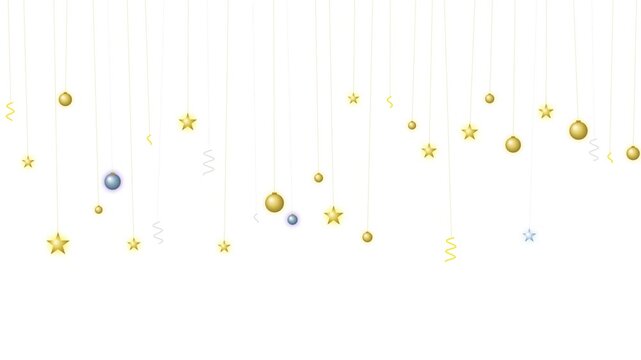 Elegant golden and blue festive decorations with glittering stars and shimmering ribbons on white bac