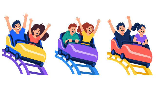 Happy riders raising their arms on colorful roller coaster cars
