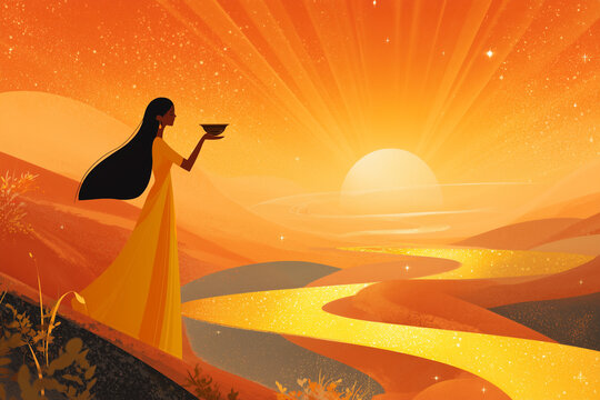  Illustration of woman offering arghya to rising sun during Chhath Puja, glowing with divine Surya energy.
