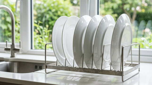 Clean White Plates Drying in Dish Rack by Kitchen Sink Window