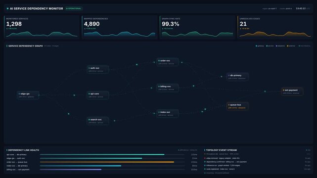 4k ai service dependency monitor interface dashboard for network graph real time server metrics, for big data analysis, cloud computing, system performance tracking