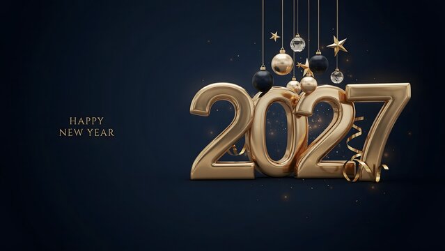 Happy New Year 2027 premium holiday artwork showcasing metallic gold numbers hanging Christmas ornaments and elegant navy backdrop representing celebration prosperity and success