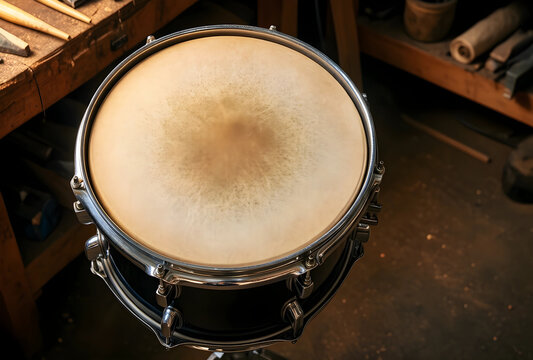 Music production and percussion performance, vintage snare drum with worn drumhead in a workshop setting for rhythm and musical instrument craft