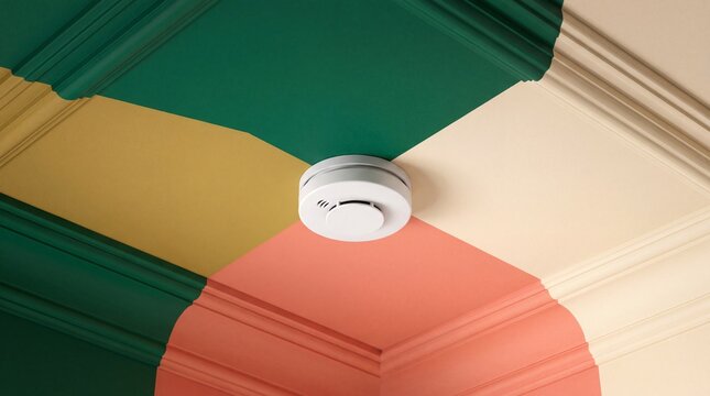 Smoke detector mounted on colorful geometric ceiling for modern home fire safety concept