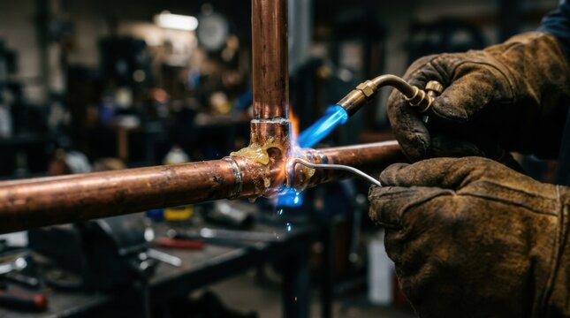 Plumber soldering copper pipe joint with torch flame and flux paste, closeup of gloved hands brazing metal fitting