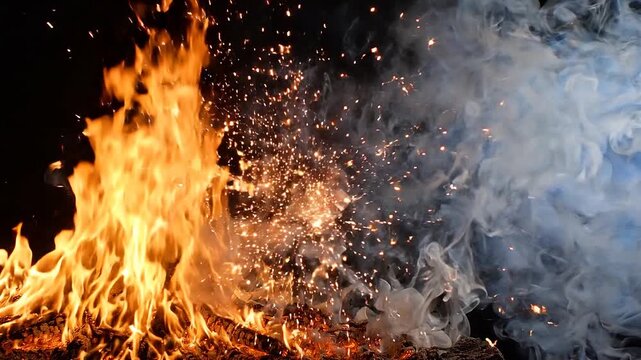 Intense bonfire flames with rising smoke and glowing sparks on black background
