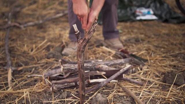 A wooden fork stake in focus before kindling wood while a camper pushes a second peg into the ground on blurred background, close-up.