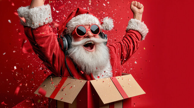 Excited santa claus jumping out of a gift box with arms raised and confetti flying