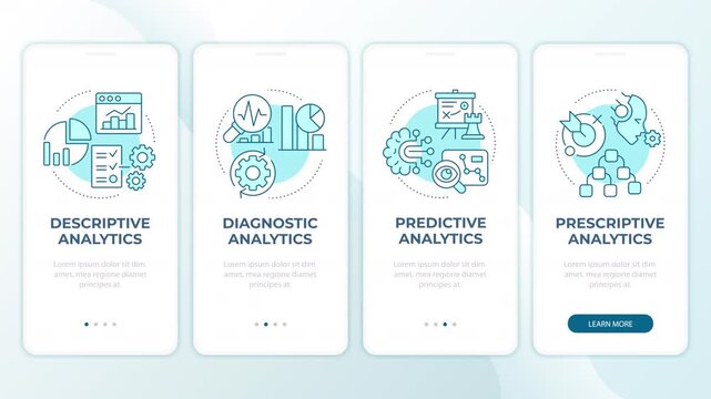 Data analytics lifecycle phases animated mobile app onboarding. Advanced business intelligence workflows. Welcome screen UI. Carousel walkthrough animation with blue monochrome concept icons