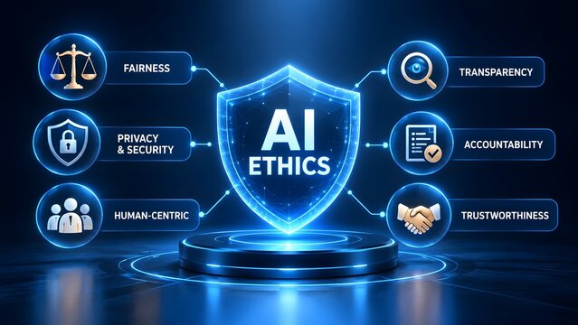 AI Ethics concept illustrated with a central shield and surrounding icons representing fairness privacy human centricity transparency accountability and trustworthiness.
