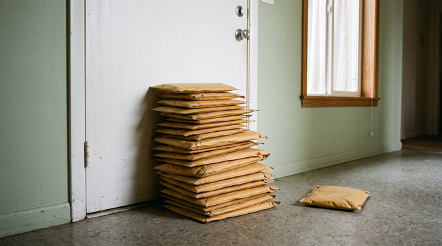 Large pile of brown padded envelopes stacked against a white door. Stack of mail and packages on the floor. Online shopping delivery concept