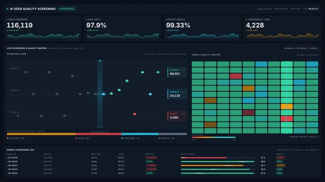 4k digital seed quality screening dashboard, for advanced agricultural technology, automated crop monitoring, precise data analytics for smart farming operations