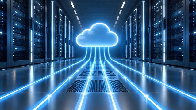 High-tech server room with glowing blue cloud network illustrating fast data transfer and cloud computing internet connectivity