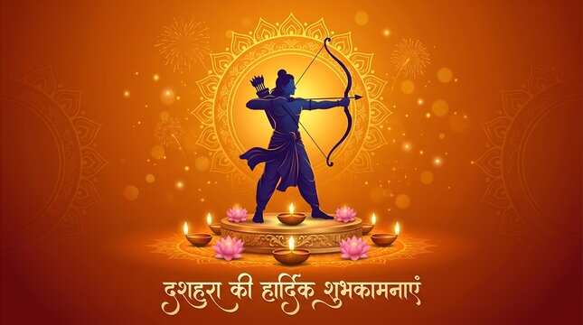 Dussehra Hindi greeting banner with blue Lord Rama silhouette on podium with diyas and fireworks.