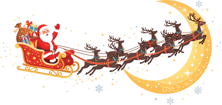 Santa claus driving his flying sleigh with reindeer team against a large glowing crescent moon reindeer christmas celebration illustration