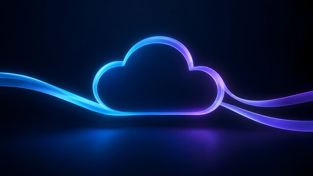 Abstract neon light trail forming cloud computing symbol on dark background representing seamless digital network flow