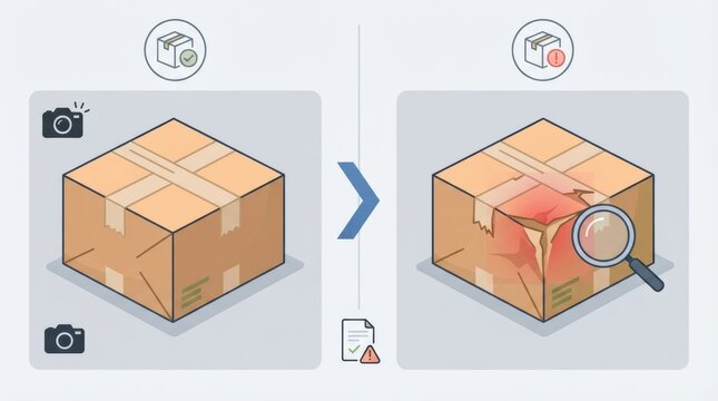 online order damage evidence photography Package inspection showing a damaged box detected by magnifying glass.