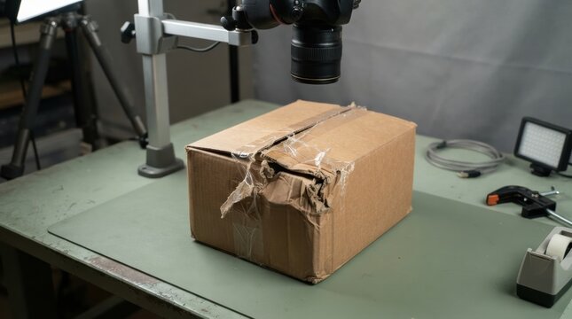 online order damage evidence photography Damaged cardboard box tied with string on a workbench in a photography setup.