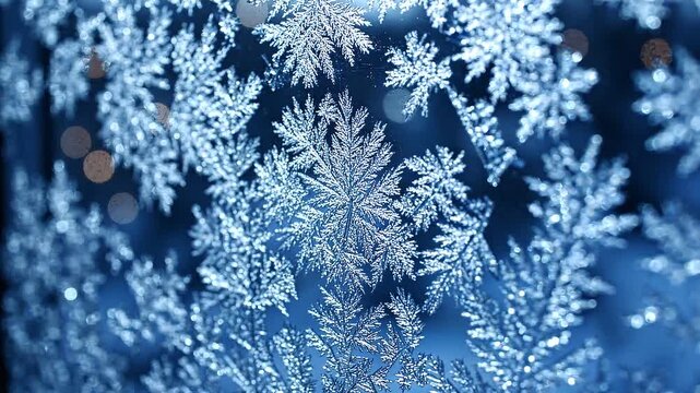 Intricate frost patterns on window glass: winter ice crystals macro background snowflake
