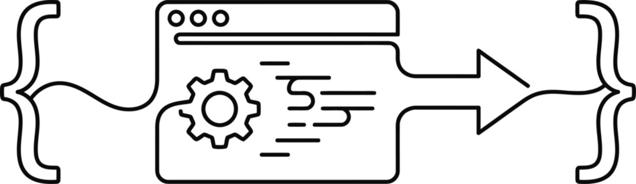Minimalist continuous line art icon representing software development process and data transformation.