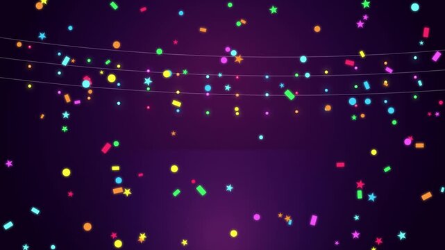 Festive colorful confetti falling on a dark purple background with glowing hanging party lights