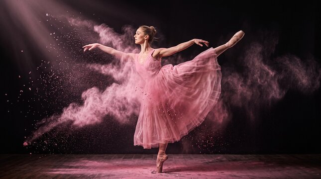 A graceful ballerina in a pink tutu performs an elegant arabesque with pink powder exploding around her.