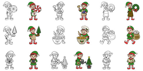 Fototapeta premium Christmas elf collection sheet color outline line art vector