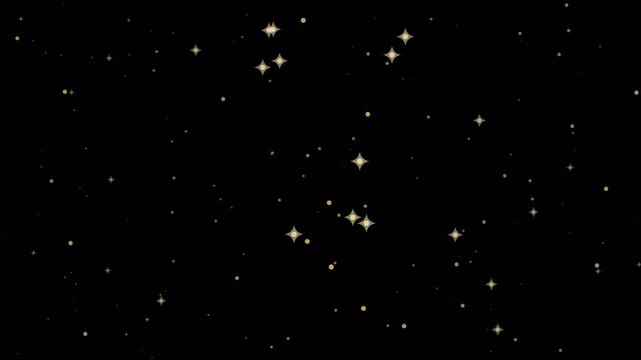 Gold starry sky overlay, stars twinkling with shooting stars crossing the frame, seamless looping black background element for christmas, winter and new year videos