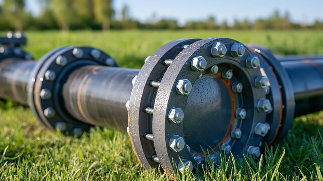 Detailed macro photograph of heavy-duty steel pipe fittings and bolted flanges resting outdoors, tiny morning dew beads highlighting scratched paint and subtle rust patches, lush green field softly 