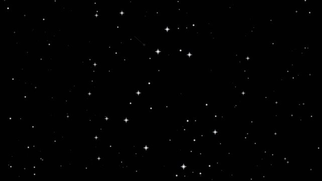 White starry sky overlay, stars twinkling with shooting stars crossing the frame, seamless looping black background element for christmas, winter and new year videos