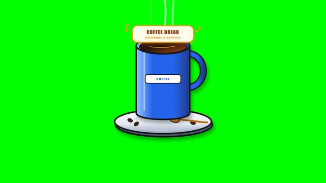 Animated coffee mug with text banner on green screen for creative video editing