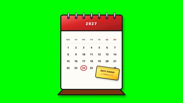 Animated calendar for year 2027 with pop up birthday reminder on green screen